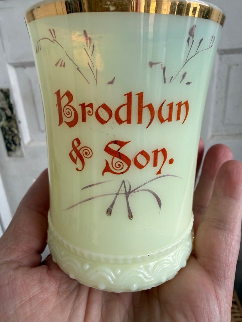 Antique Heisey Custard Glass Tumbler Uranium Advertising Brodhun & Son - Picture 12 of 14